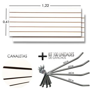2 Paineis Canaletado - 1,22 X 0,61 + 100 Gancho 20cm + Canaletas Preto