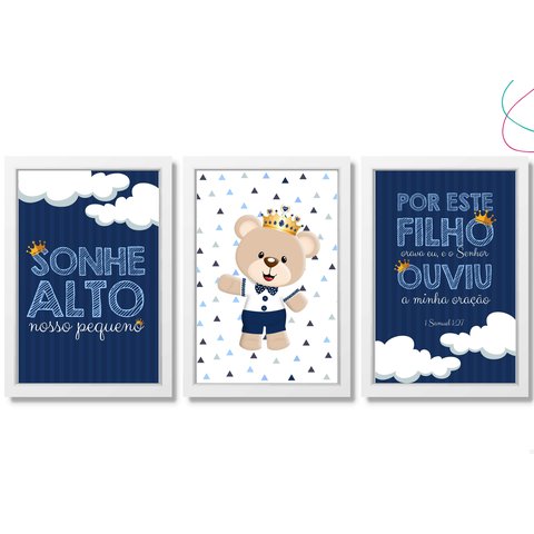 3 Quadros Decorativos Ursinho Príncipe 20x30 Moldura e Vidro:branca