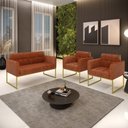 Ver imagem 2 de Kit 1 Sofá Namoradeira e 2 Poltronas Elisa Corano Nozes Base Metálica Industrial Dourado - D'Rossi