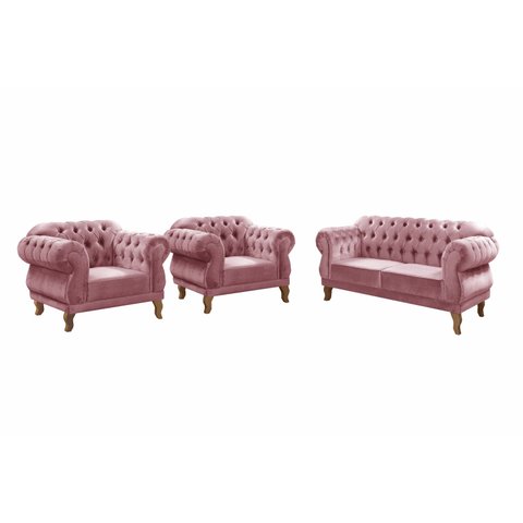 Kit Namoradeira Duquesa Chesterfield 2 Lugares + 2 Poltronas Decoração Sala Recepção - Veludo Rosê
