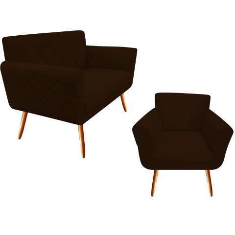 Kit Namoradeira + 1 Poltrona Decorativa Sabrina Suede Marrom Pés Madeira Mz Decor