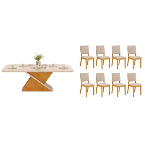Sala de Jantar Completa Zafira c/ Tampo Madeirado c/ Vidro Curvo 200x100cm e 8 Cadeiras Talia Cedro/