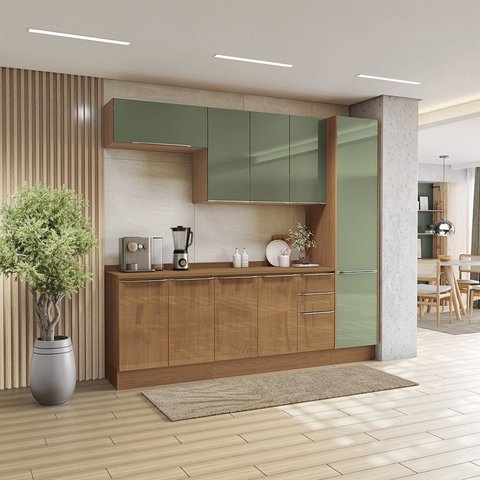 Cozinha Compacta Modulada 5 Peças com Paneleiro Vibra Marrom/Canela/Verde Pistache Super Brilho