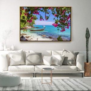 Quadro Decorativo Flores e Barco Beira Mar Com Moldura e Sem Vidro 90X140
