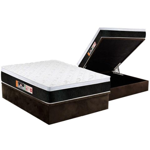 Cama Box Baú Casal: Colchão Espuma D45 Castor Black e White Air Euro Pillow + Base CRC Suede Brown(1