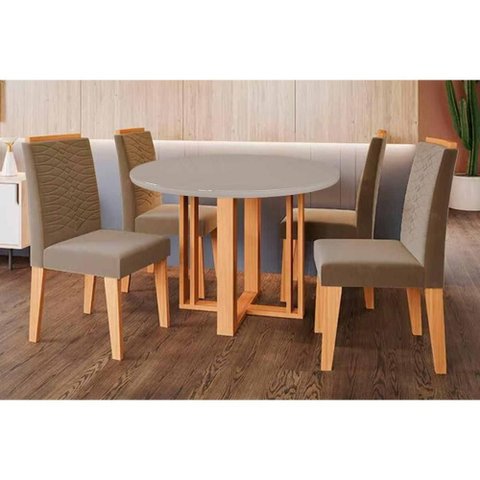 Conjunto: Mesa Sala Jantar Flora Tampo Madeirado C/ Vidro 109cm e 4 Cadeiras Clarice Cinamomo/off