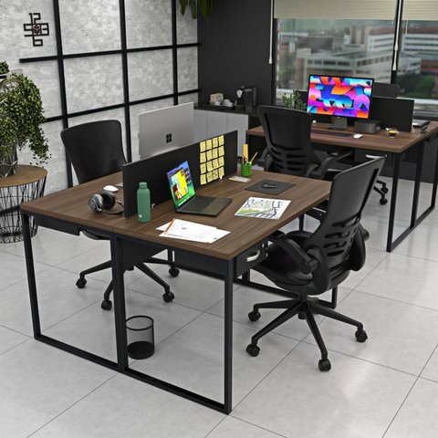 Escrivaninha Mesa Escritório com Gavetas 1 Gaveta 2 Lugares 120cm Industrial Nogal e Preto Marrom