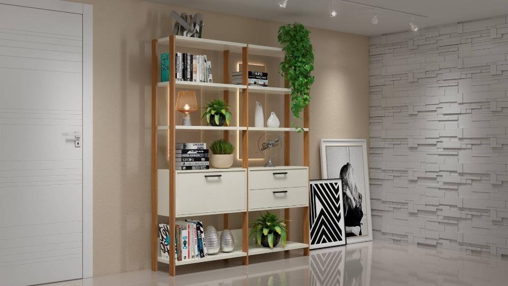 Estante Elegante 2 Torres com 1 Gaveteiro 1 Porta 145cm Off White Brilho com Freijo Fosco - 52817 - 3