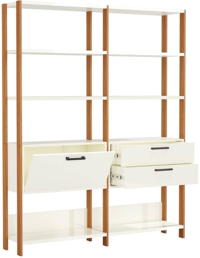 Estante Elegante 2 Torres com 1 Gaveteiro 1 Porta 145cm Off White Brilho com Freijo Fosco - 52817 - 1