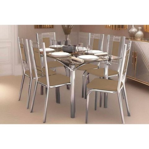 Kit 6 Cadeiras Sala Jantar Elba C/ Tampo de Vidro 80x150cm e 6 Cadeiras Florença Cromada - Courano