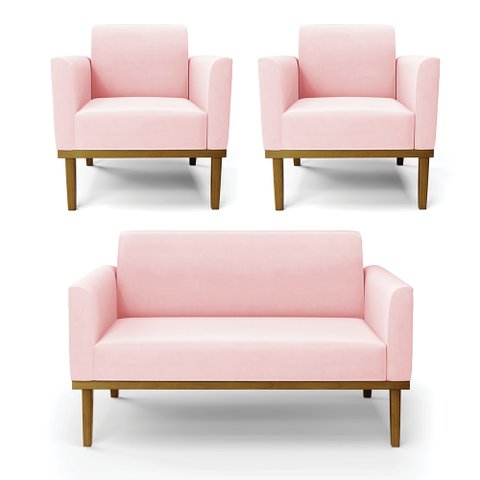 Conjunto 2 Poltronas e 1 Namoradeira Decorativa Isabella Pés Fixo em Madeira Castanho Suede Rosa Beb