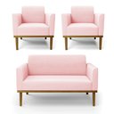 Ver imagem 1 de Conjunto 2 Poltronas e 1 Namoradeira Decorativa Isabella Pés Fixo em Madeira Castanho Suede Rosa Beb