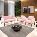 Ver imagem 2 de Conjunto 2 Poltronas e 1 Namoradeira Decorativa Isabella Pés Fixo em Madeira Castanho Suede Rosa Beb
