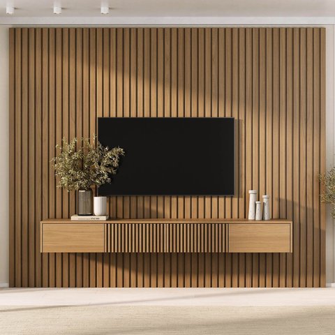 Rack com Painel Ripado para TV até 86 Polegadas 280cmx230cm Aruá CabeCasa MadeiraOriginals