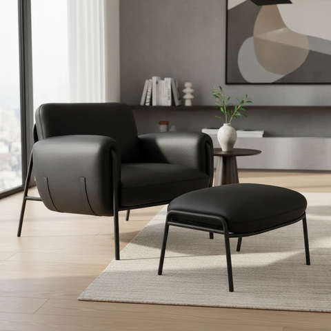 Kit Poltrona Cadeira Decorativa + Puf Serrana Zahav Estofado:courino Sintético Preto
