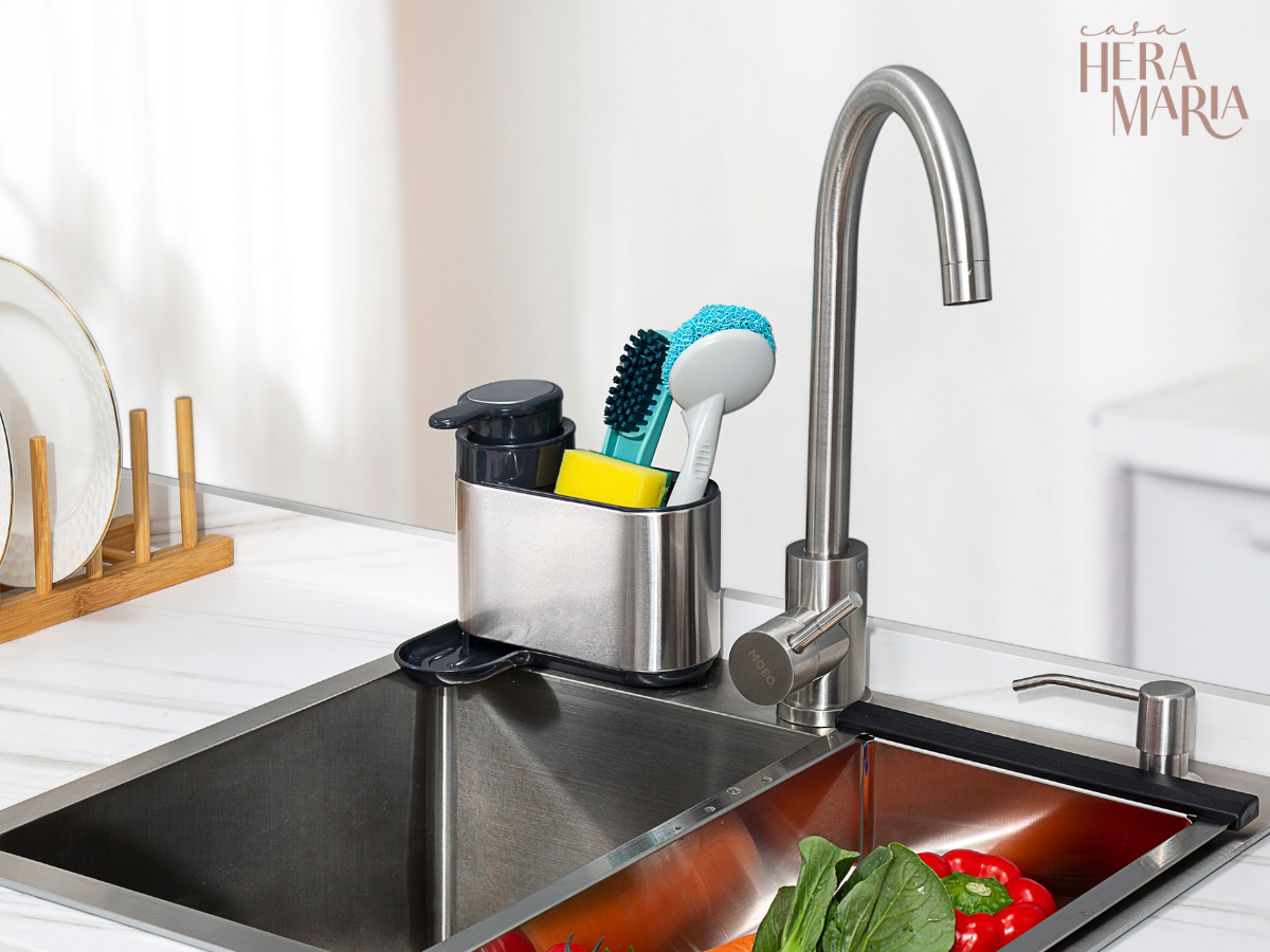 DISPENSER DOSADOR DETERGENTE E ORGANIZADOR PIA AÇO ESCOVADO:Cinza e Preto - 5