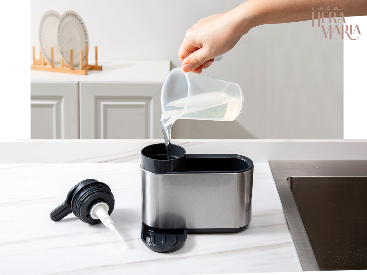 DISPENSER DOSADOR DETERGENTE E ORGANIZADOR PIA AÇO ESCOVADO:Cinza e Preto - 4