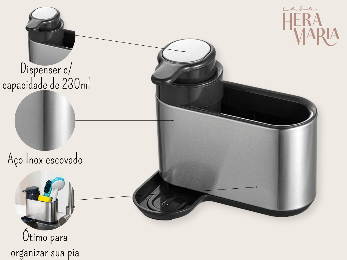 DISPENSER DOSADOR DETERGENTE E ORGANIZADOR PIA AÇO ESCOVADO:Cinza e Preto - 3