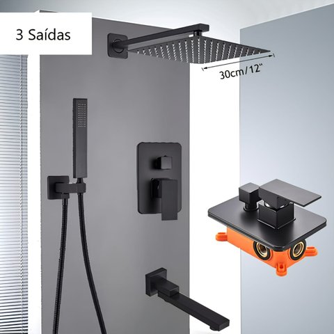 Chuveiro Moderno Monocomando Parede 4 Peças Preto 30cm