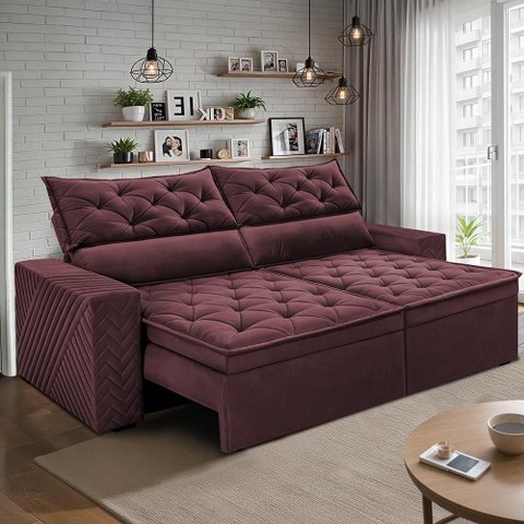 Sofá Retrátil e Reclinável 2,30m Essence Velusoft Vinho Cama Inbox