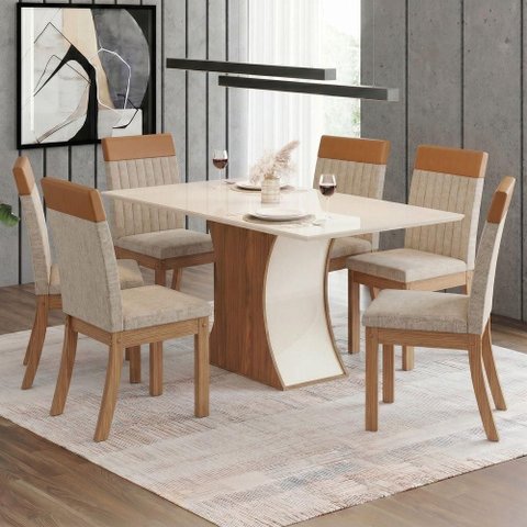 Conjunto Sala de Jantar Layla Majestic 6 Lugares Tampo MDF Cadeiras Estofadas Caramelo e Creme 160cm