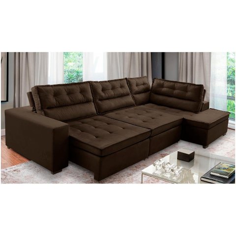 Sofá de Canto Retrátil e Reclinável com Molas 3,40x2,00 Virginia Suede Marrom Adonai Estofados