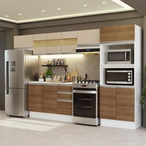 Armário de Cozinha Completa 100% Mdf 310 Cm Smart 01 Xa Branco/rustic/crema