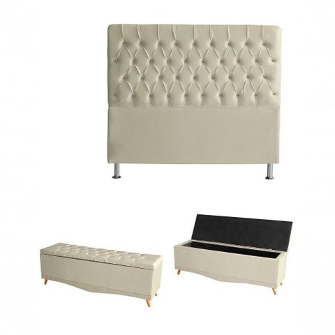 Kit Estrela Cabeceira de Cama Box e Calçadeira Baú Pés Palito Botão Cristal King 195 Cm Suede