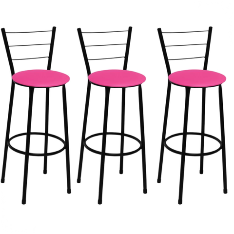 Kit 3 Banquetas Alta Preta com Encosto Assento Rosa Jaddi
