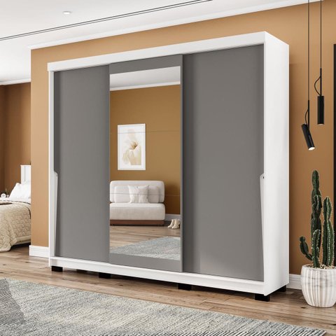 Roupeiro Porto 3 Portas de Correr com Espelho 217x213cm Branco/Cinza 240850