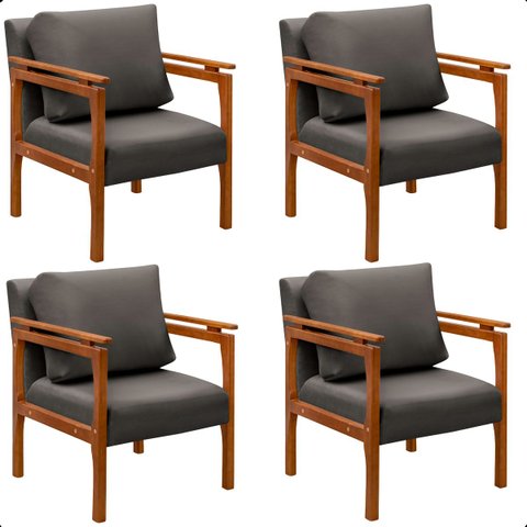 Kit 4 Poltrona Sala Decorativa Dallas Estofada Veludo Cinza Base Madeira Castanho - Arkell