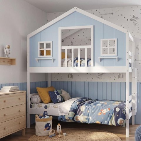 Beliche Casinha Dos Sonhos com Varanda Madeira Maciça Branco Azul Solteiro Housin