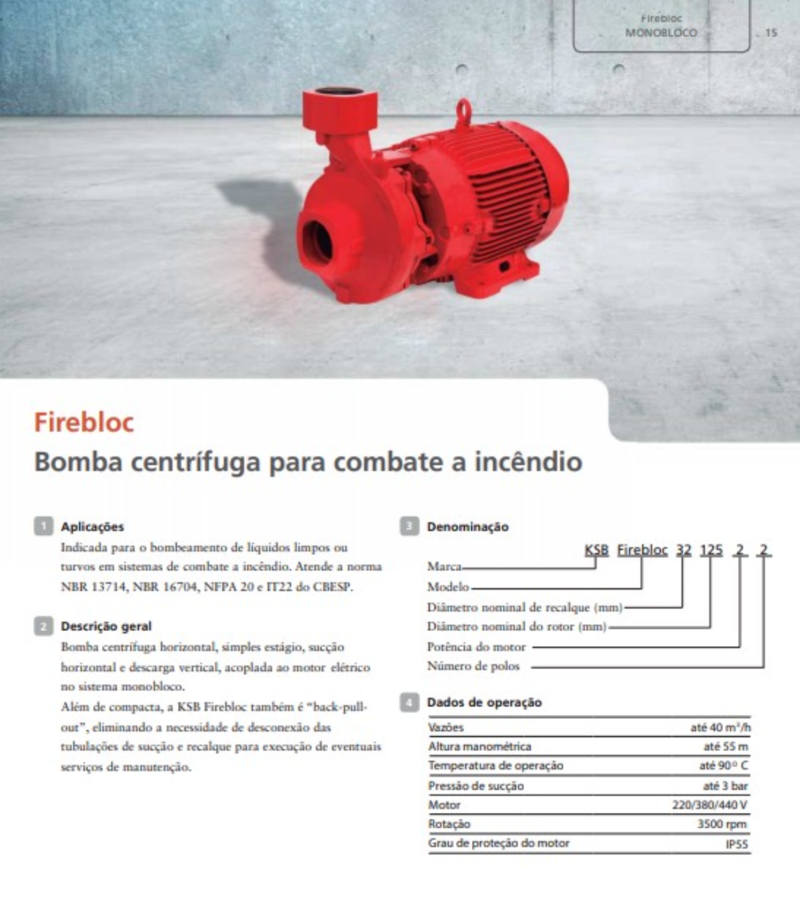 Bomba Ksb para Incêndio Firebloc 32-160 7,5cv Trifásico 4 Voltagens Rotor 154mm Vermelho 4v (t) - 3