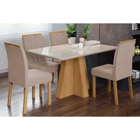Sala de Jantar Completa Maitê Tampo Madeirado C/ Vidro 130x80cm e 4 Cadeiras Juliana Nature/off