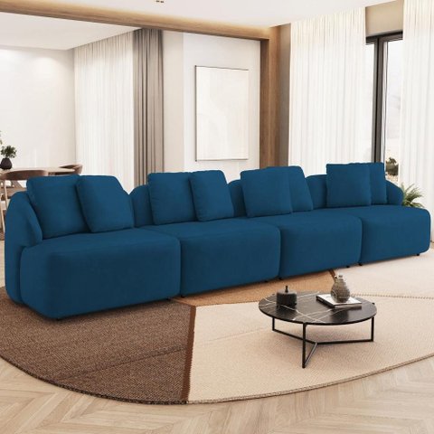 Sofá 5 Lugares para Sala de Estar Living 388cm Arlo F04 Veludo Azul Marinho - Lyam Decor