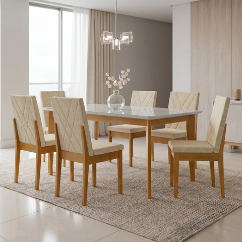 Conjunto Sala de Jantar Siera 6 Lugares Vidro Retangular Madeira Maciça Dakota Bordada
