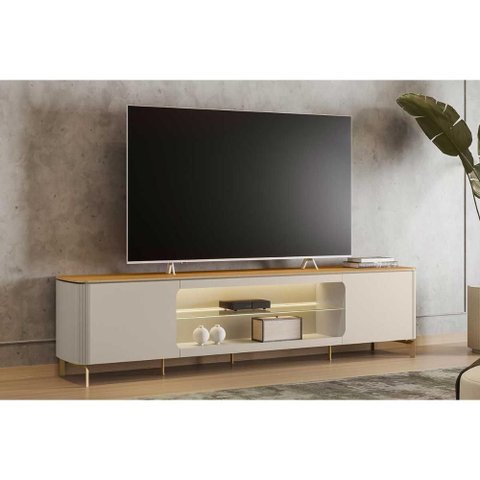 Rack Bancada P/ Tv até 85 Pol Santorini C/ 2 Portas 1 Prateleira de Vidro 2 Nicho e Led 239cm