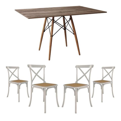 Conjunto de Mesa Eiffel Retangular Tampo de Madeira 120x75cm Amêndoa com 4 Cadeiras Katrina Branca