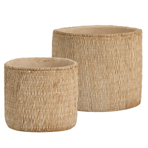 Kit 02 Cachepots em Cimento Vaso Decorativo Textura Rattan - Bege