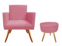 Ver imagem 1 de Kit Poltrona Decorativa Nina + Puff Redondo Suede Rosa Pés Madeira Ms Decor