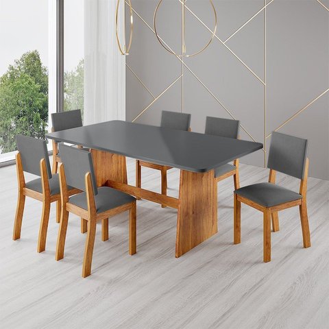Conjunto de Mesa com 6 Cadeiras Bari em MDF Mel e Cinza