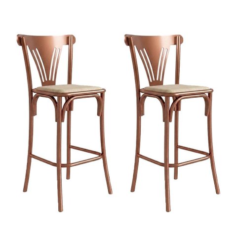 Kit 2 Banquetas Altas Paris em Aço Cobre para Cozinha Bancada Gourmet Balcão com Assento na Cor Bege