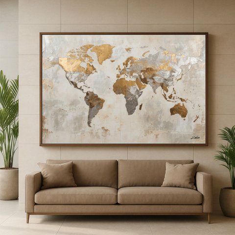 Quadro Mapa Mundi Texturas Nobres Dourado e Cinza - Grande