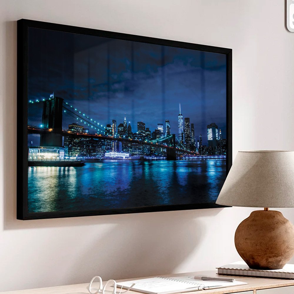 Quadro Decorativo Cidade Nova York - Vista da Ponte Brooklyn em Moldura Caixa TaColado Moldura Trad  - 1