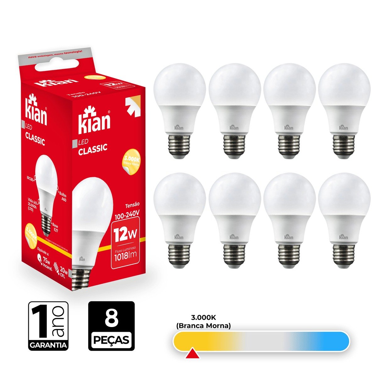 Lâmpada Led Bulbo Kian 12w 3000k Branca Morna 8 Peças - 2