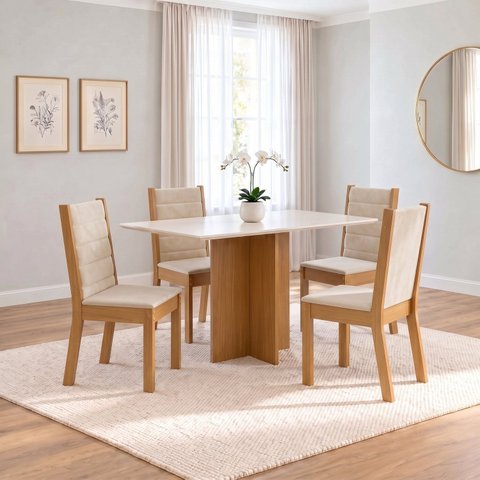 Conjunto Sala de Jantar Mesa Lana 120cm Tampo MDF Canto Reto 4 Cadeiras Evelin