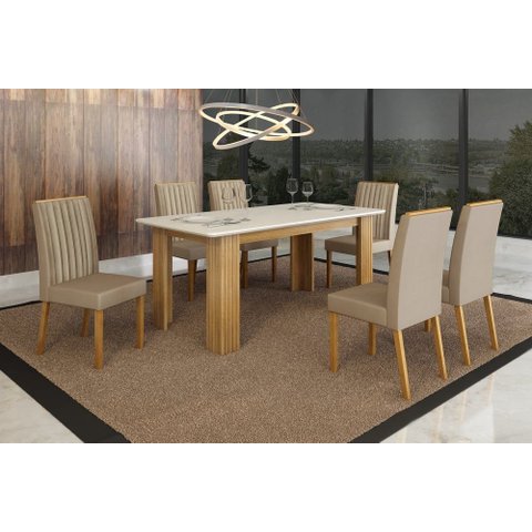 Conjunto Mesa Mari com 6 Cadeiras Mari Bege Veludo