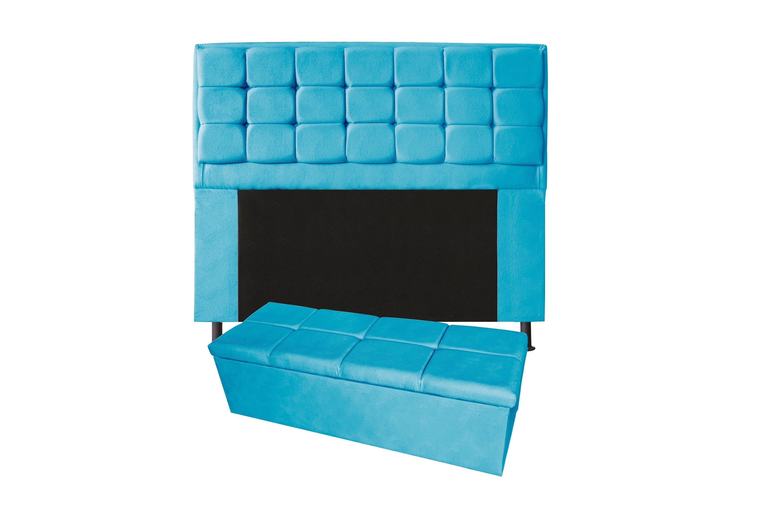 Conjunto Cabeceira Solteiro 100cm Laura Copenhague + Recamier Calçadeira 100cm Suede Azul Turquesa - - 1