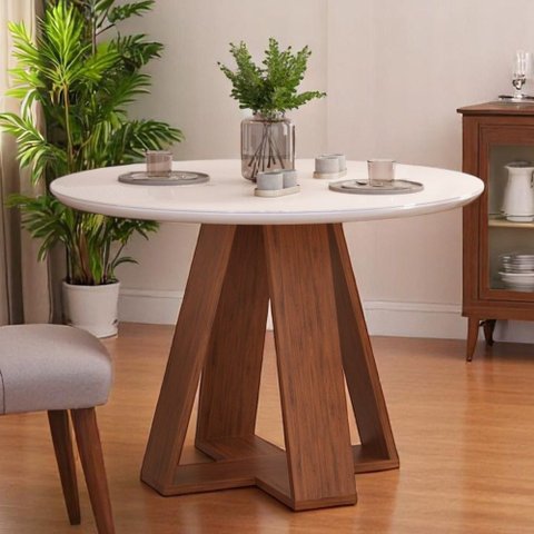 Mesa de Jantar Tampo Redondo Chanfrado Curvo Mad/vid 103cm Kiara Freijó Off White- Mabe Magazine