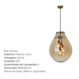 Lustre Pendente Sala Cristal e Vidro Âmbar 50x60cm - 9